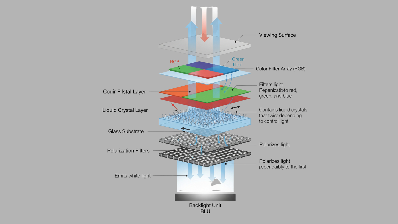 מבנה מסך LCD - איור סכמטי המראה את שכבות מסך ה-LCD ואת יחידת התאורה האחורית.
