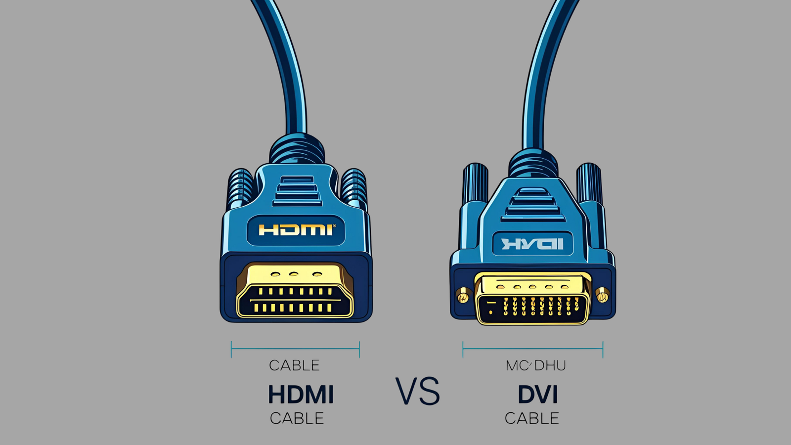 השוואה בין כבלי HDMI ו-DVI - תמונה המציגה כבל HDMI לצד כבל DVI, מדגישה את ההבדלים הפיזיים ביניהם.