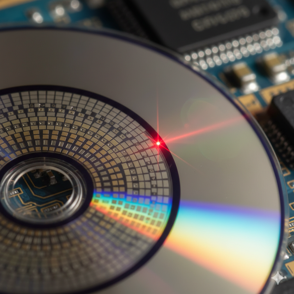 תקריב של פני שטח של CD המראה גומות ומישורים