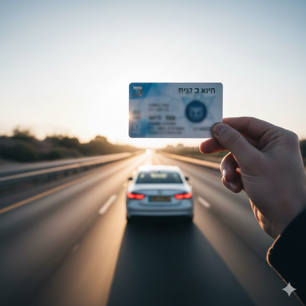 רישיון נהיגה ישראלי עם מפתחות רכב על רקע של כביש פתוח