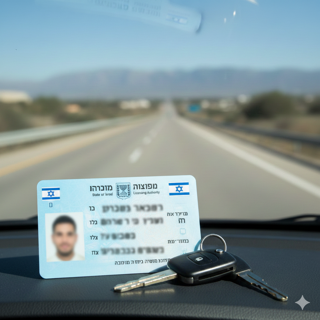 רישיון נהיגה ישראלי עם מפתחות רכב על רקע של כביש פתוח