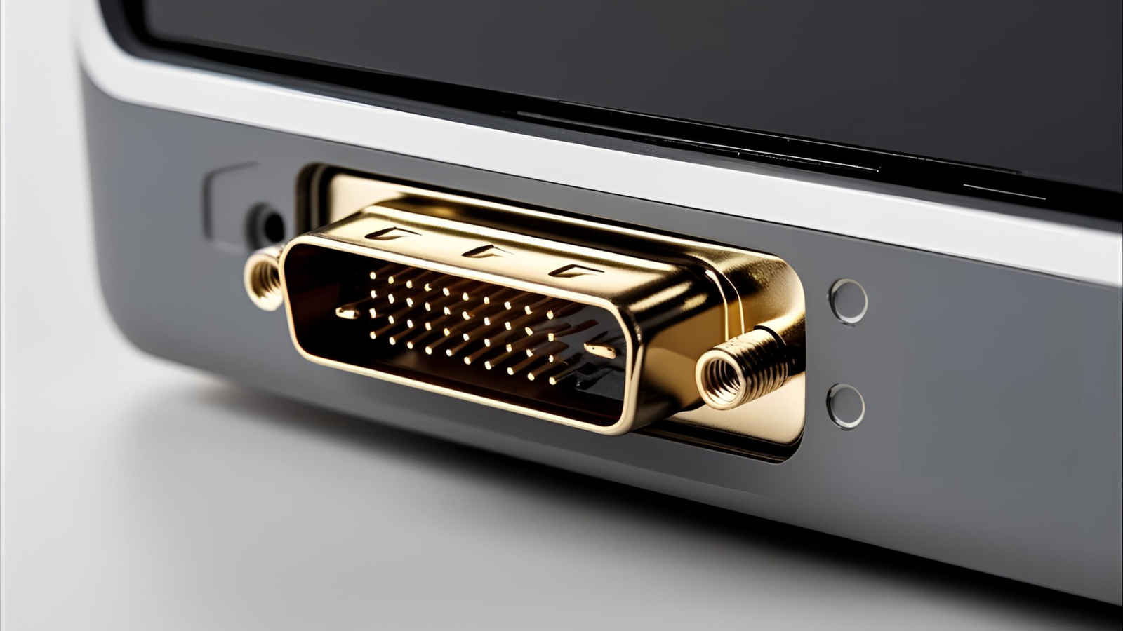 חיבור DVI במכשיר - תמונה המציגה שקע DVI אחורי במחשב או מסך, עם הפינים האופייניים לו.