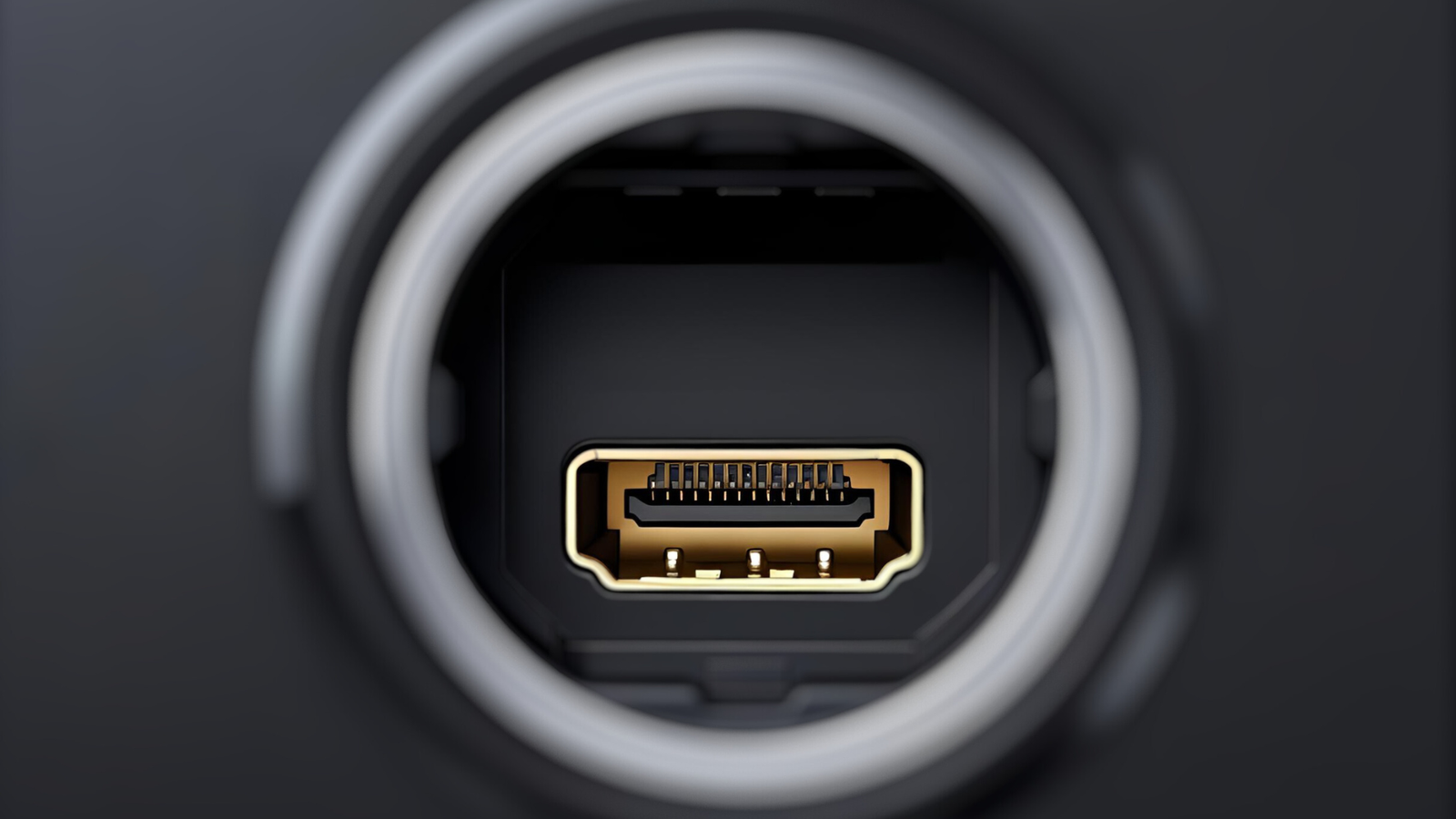 חיבור HDMI במכשיר - תמונה תקריב של שקע HDMI במכשיר אלקטרוני, כמו טלוויזיה או מחשב.